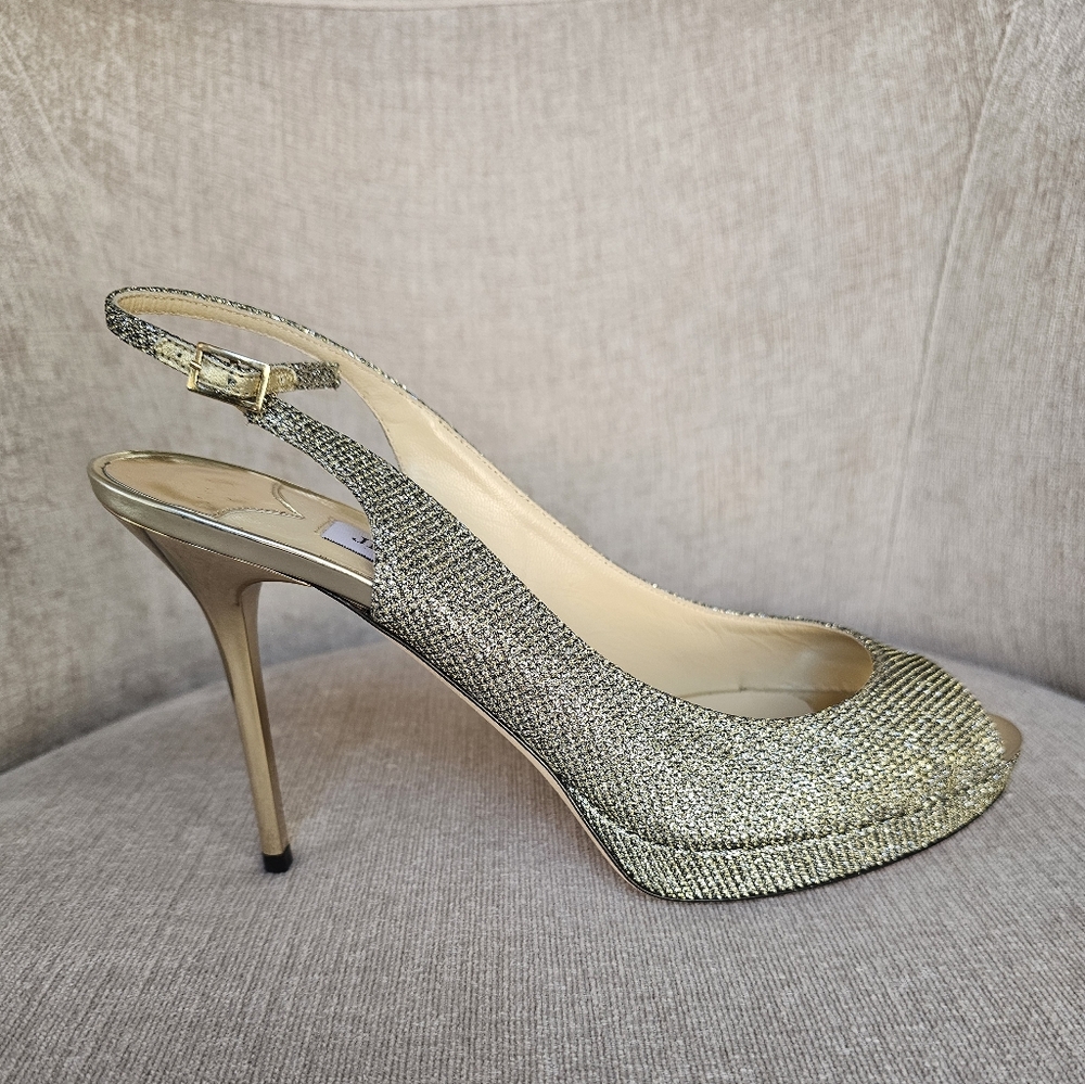 Jimmy Choo Gold Tone Lame Glitter Nova Pumps